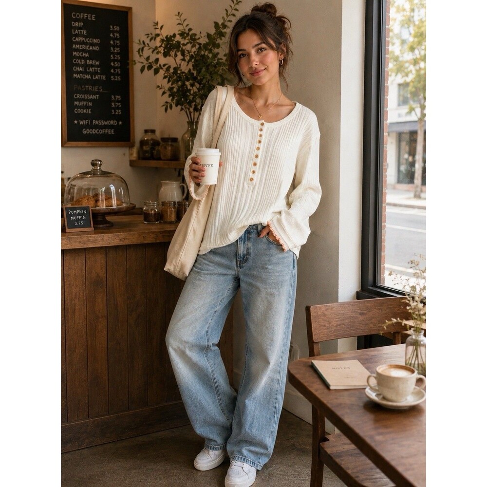 Free People Ribbed Henley Sweater Cream Oversized Front Buttons Orange Trim Sz L